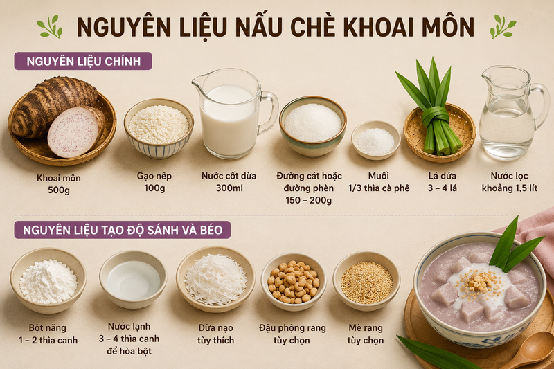 Những nguyên liệu cơ bản tạo nên vị bùi, dẻo và béo thơm đặc trưng của chè khoai môn. 