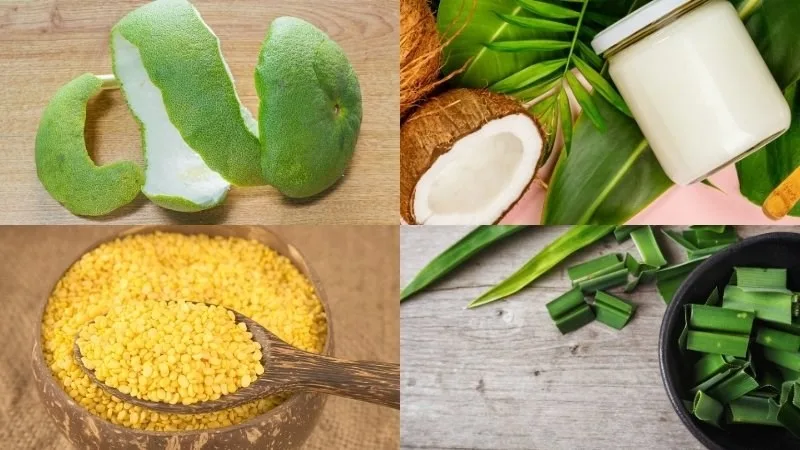 Nguyên liệu cơ bản để nấu chè bưởi gồm cùi bưởi, đậu xanh, bột năng, lá dứa và nước cốt dừa.