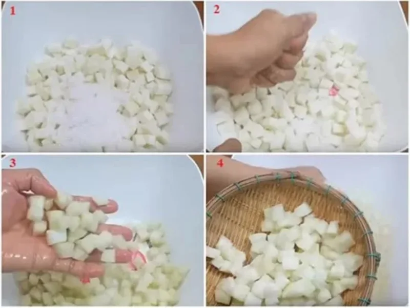 Cùi bưởi sau khi ướp đường và áo bột năng sẽ có lớp ngoài trong nhẹ, bên trong giòn ngọt hấp dẫn.