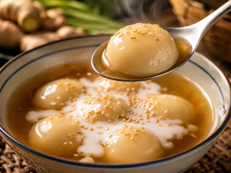 Ăn chè trôi nước khi còn nóng giúp cảm nhận rõ vị thơm của gừng, độ mềm dẻo của vỏ bánh và nhân đậu xanh bùi béo.